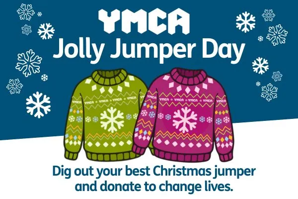 White text YMCA Jolly Jumper Day on a dark blue background with snowflakes and 2 Christmas Jumpers.